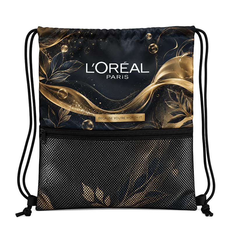 Sac dos promotionnel personnalisé en polyester recyclé avec cordons coton et fermeture éclair noire extérieure pratique