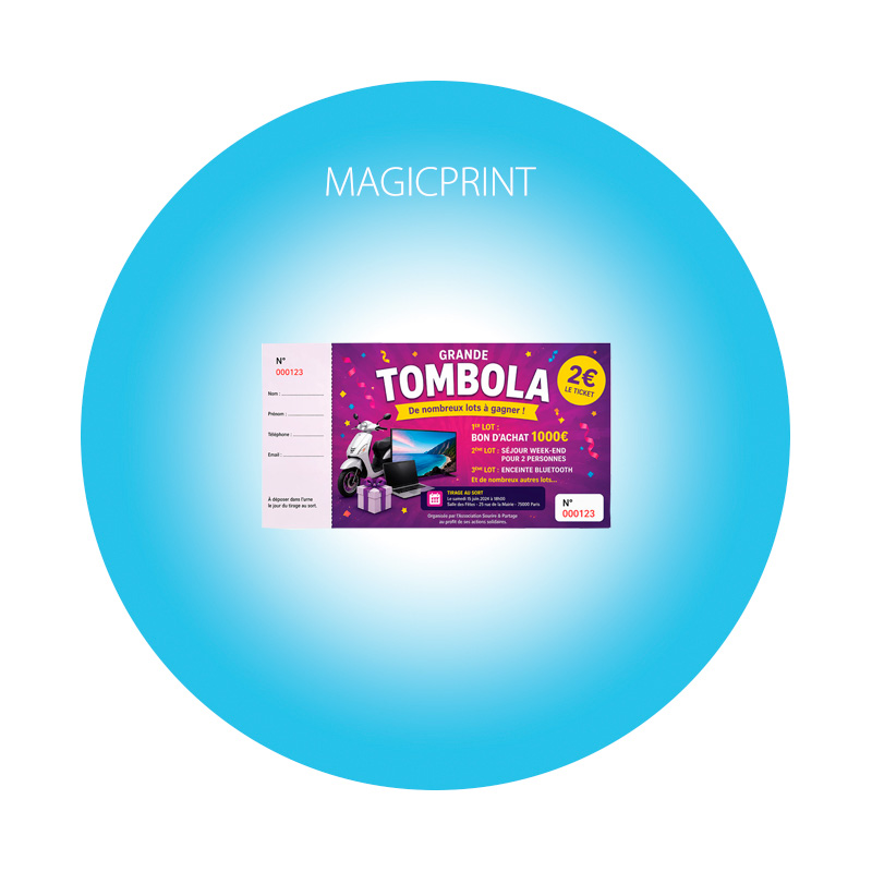 Ticket tombola personnalisé imprimé en quadrichromie