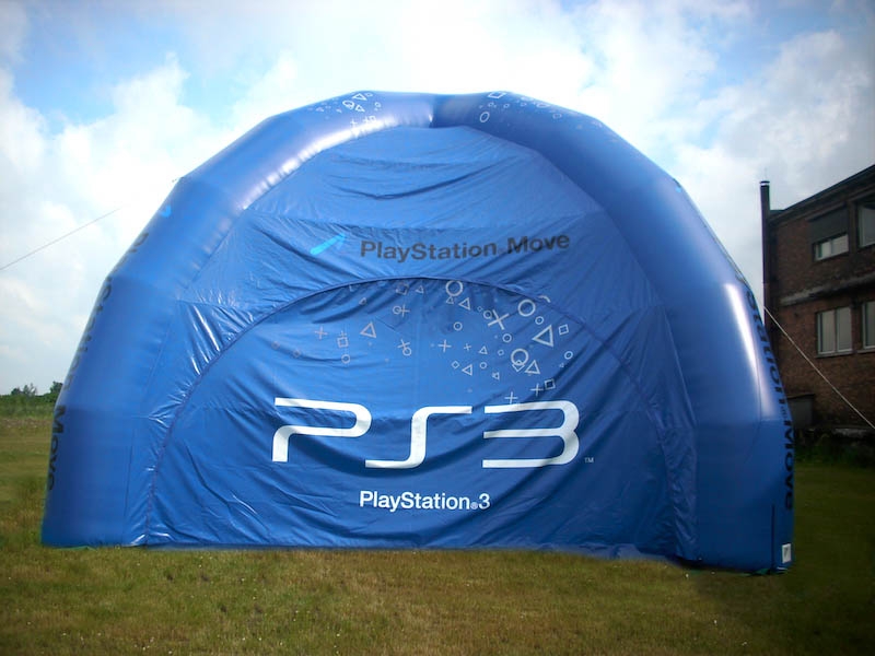 Tente gonflable publicitaire personnalisé fond bleu et logo PS3